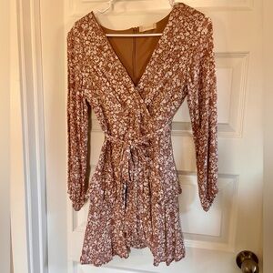 Altar'd State Dusty Rose Floral Wrap Dress with Long Sleeves